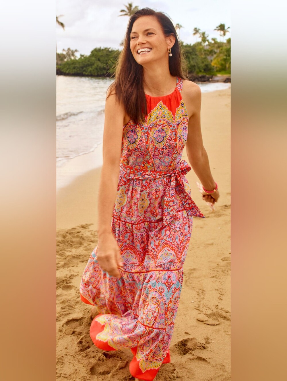 Talbots Coral Paisley Maxi Dress with Blue and Yellow Accents